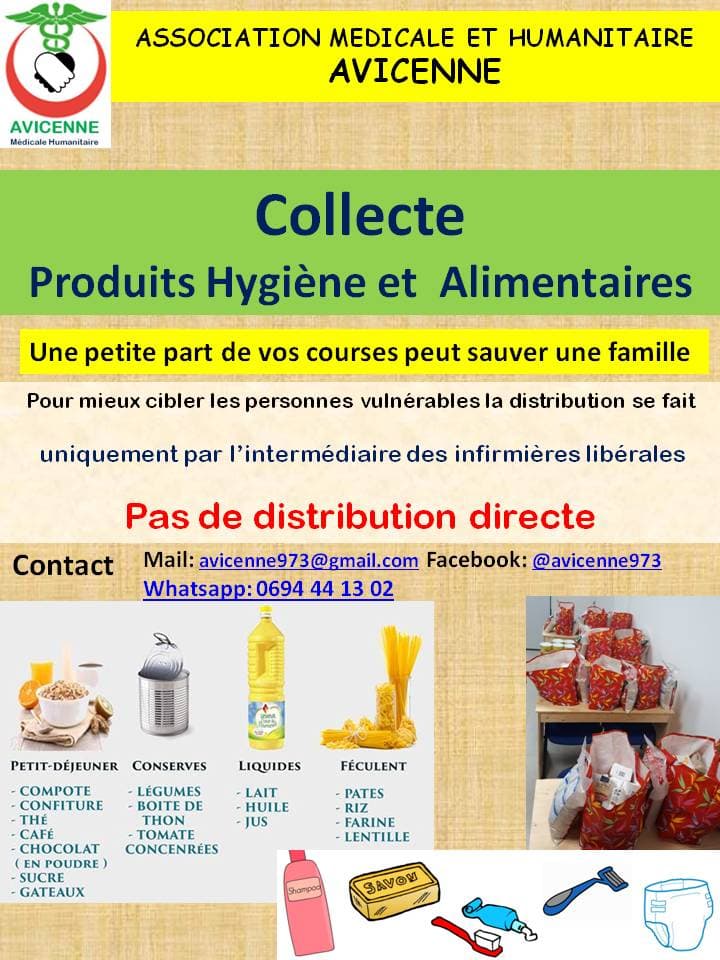 Pour mieux cibler les personnes vulnérables la distribution se fait uniquement par l’intermédiaire des infirmières libérales Pas de distribution directe Contact: Mail: avicenne973@gmail.com Facebook: @avicenne973