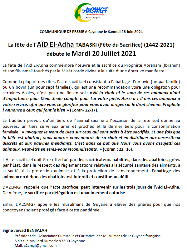 Aïd-el-Adha TABASKI Mardi 20 Juillet