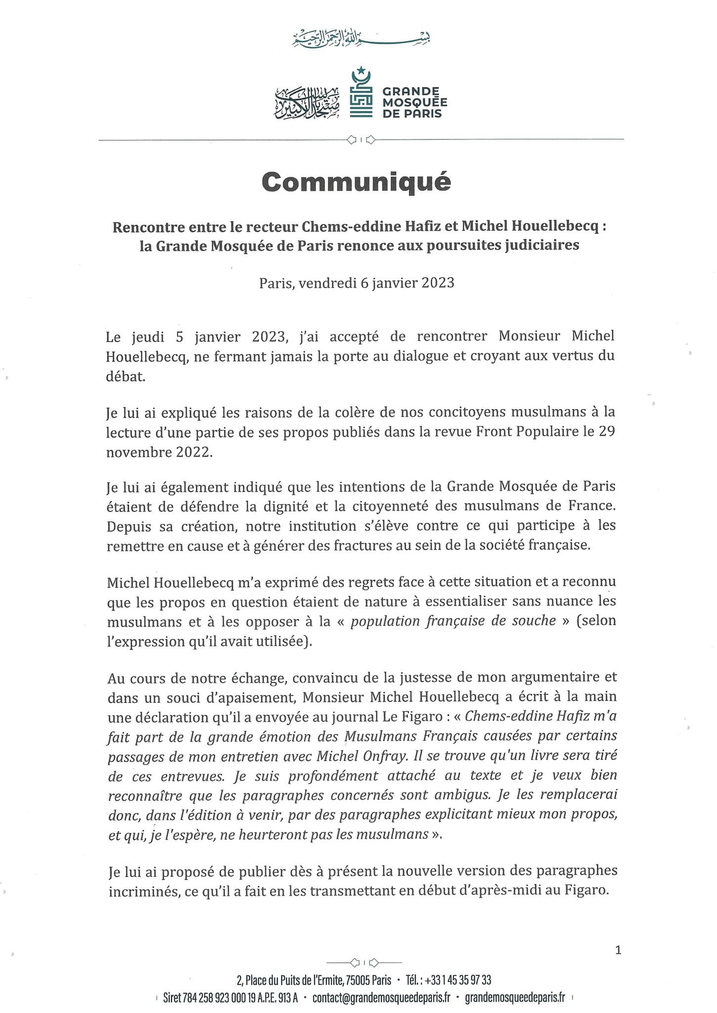 Mosquée de Paris renonce à sa plainte contre Mr Houellebecq