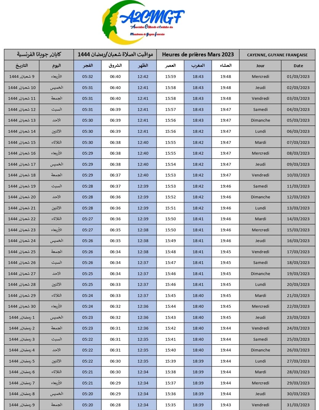 Horaires de Prières Mars 2023