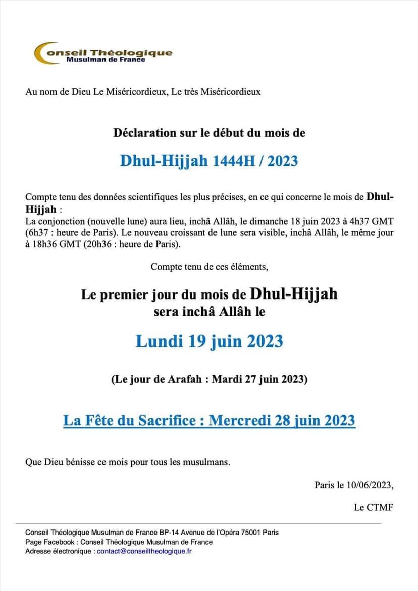Aïd-el-Adha TABASKI Mercredi 28 Juin