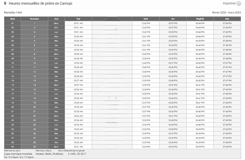 Horaires de prières RAMADAN pour les communes de Guyane