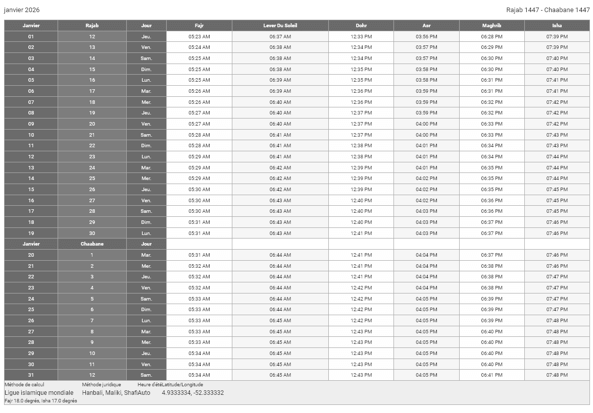 Horaires de Prière