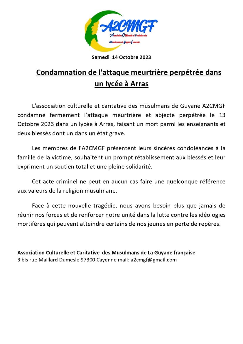 Condamnation de l’attaque meurtrière perpétrée dans un lycée à Arras