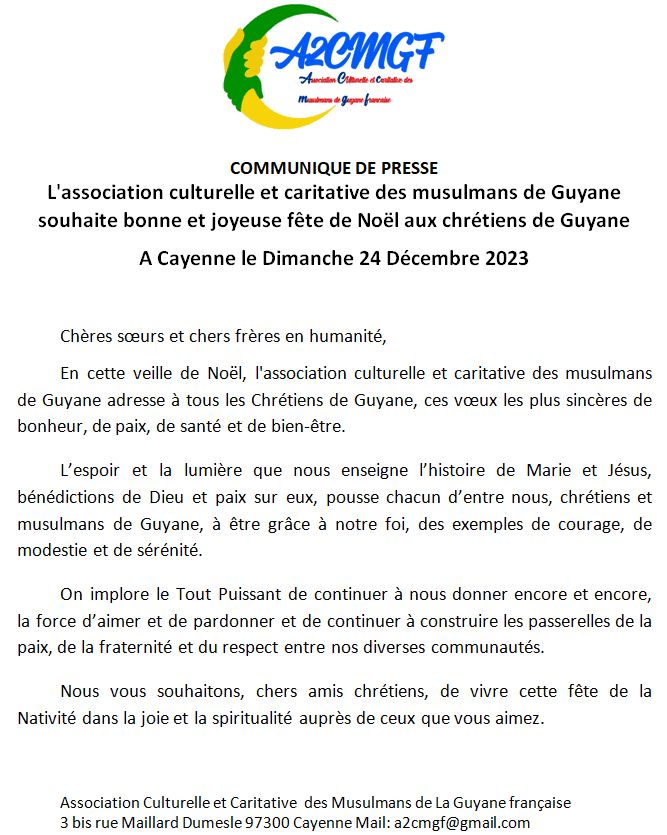 L’association culturelle et caritative des musulmans de Guyane souhaite bonne et joyeuse fête de Noël aux chrétiens de Guyane